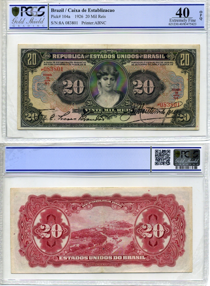 Бразилия 20 мил рейс 1926 Estampa 1A, серия 8A, ABNC, рукописная подпись, в слабе PCGS 40 Extremely Fine Pick 104 a бумага 452-1-19