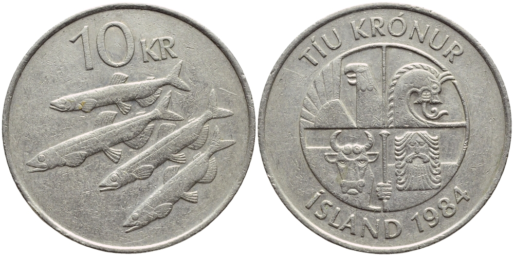 Исландия 10 крон 1984 РЫБЫ KM 29.1 медно-никель 3334-815