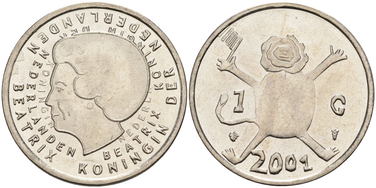 Нидерланды 1 гульден 2001 прощай гульден, детский рисунок, лев с флагом в руках KM 233 никель UNC 4116-122
