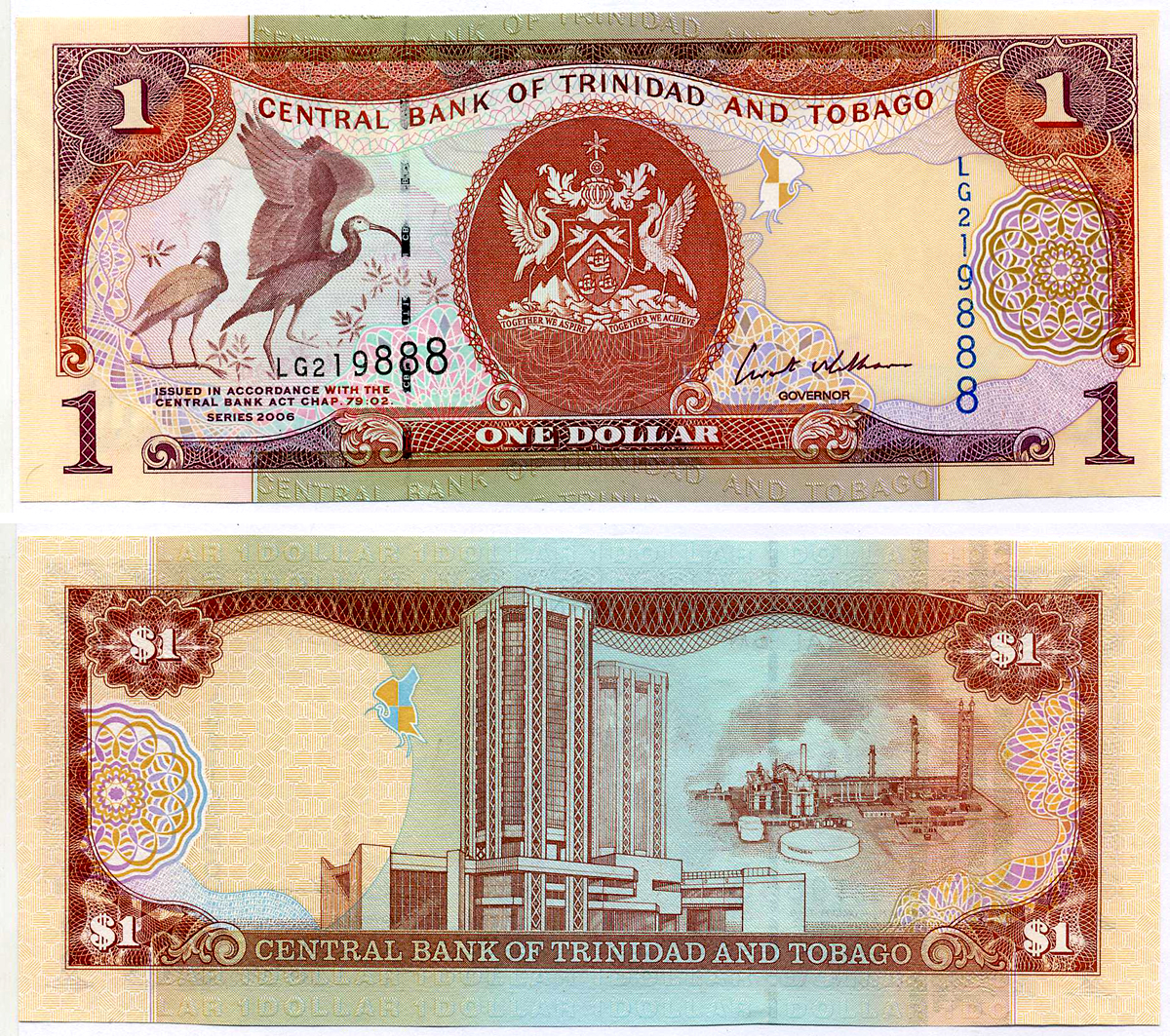 Тринидад и Тобаго 1 доллар 2006 подпись 8, номер синий, TDLR Pick 46 бумага UNC (пресс) 2197-15-2-1