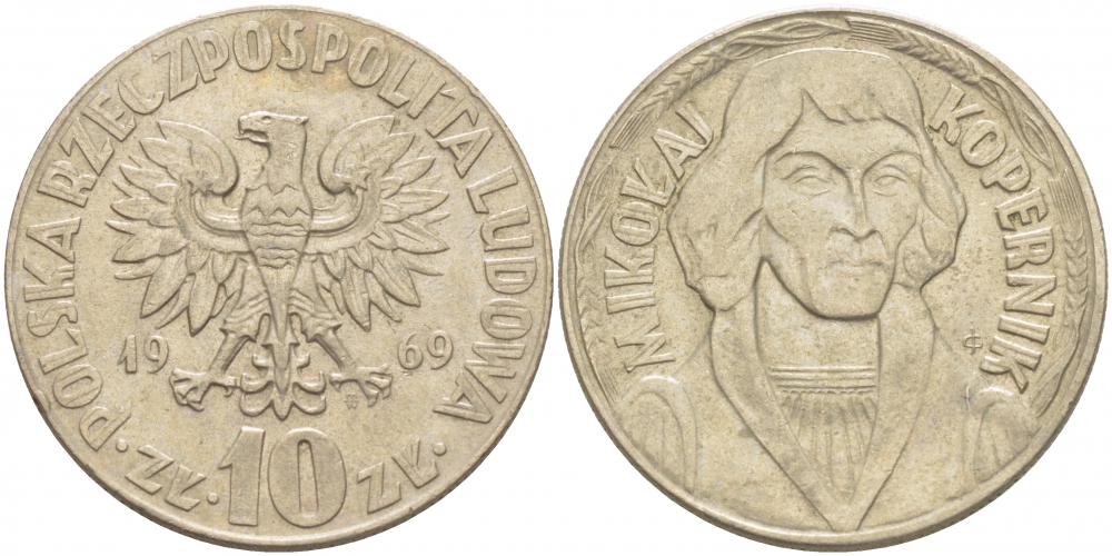 ПОЛЬША 10 ЗЛОТЫХ 1969 MW, НИКОЛАЙ КОПЕРНИК KM 51a медно-никель 4403-615