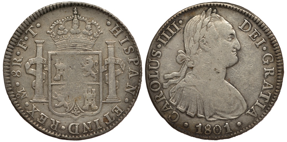 Мексика 8 реалов 1801 FT, Карл IV KM 109 серебро 11-273-24