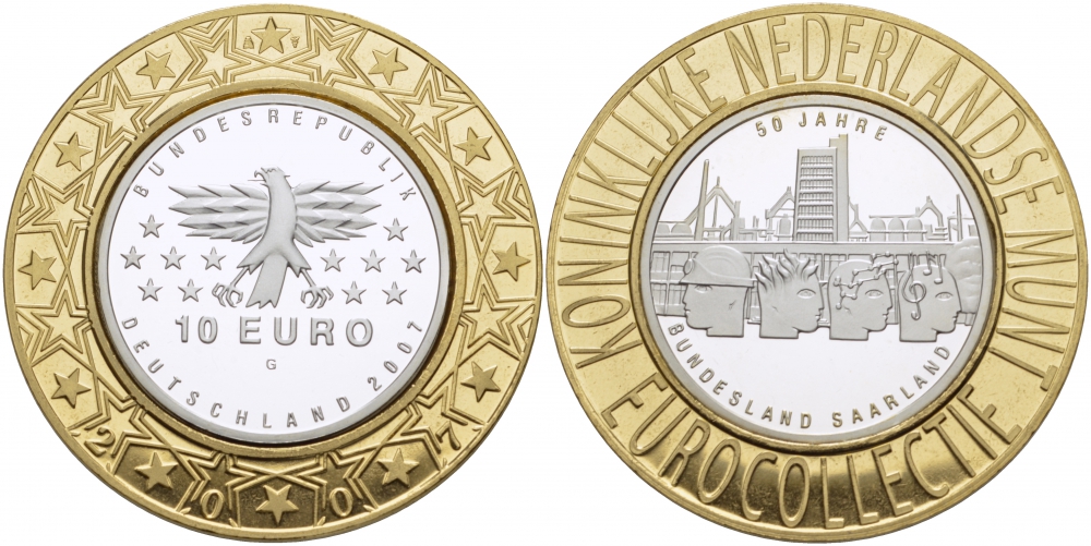 ФРГ 10 евро 2007 G, 50 лет вхождения Саара в ФРГ KM 263, DE.S. 10.29 серебро PROOF 1068-8-33