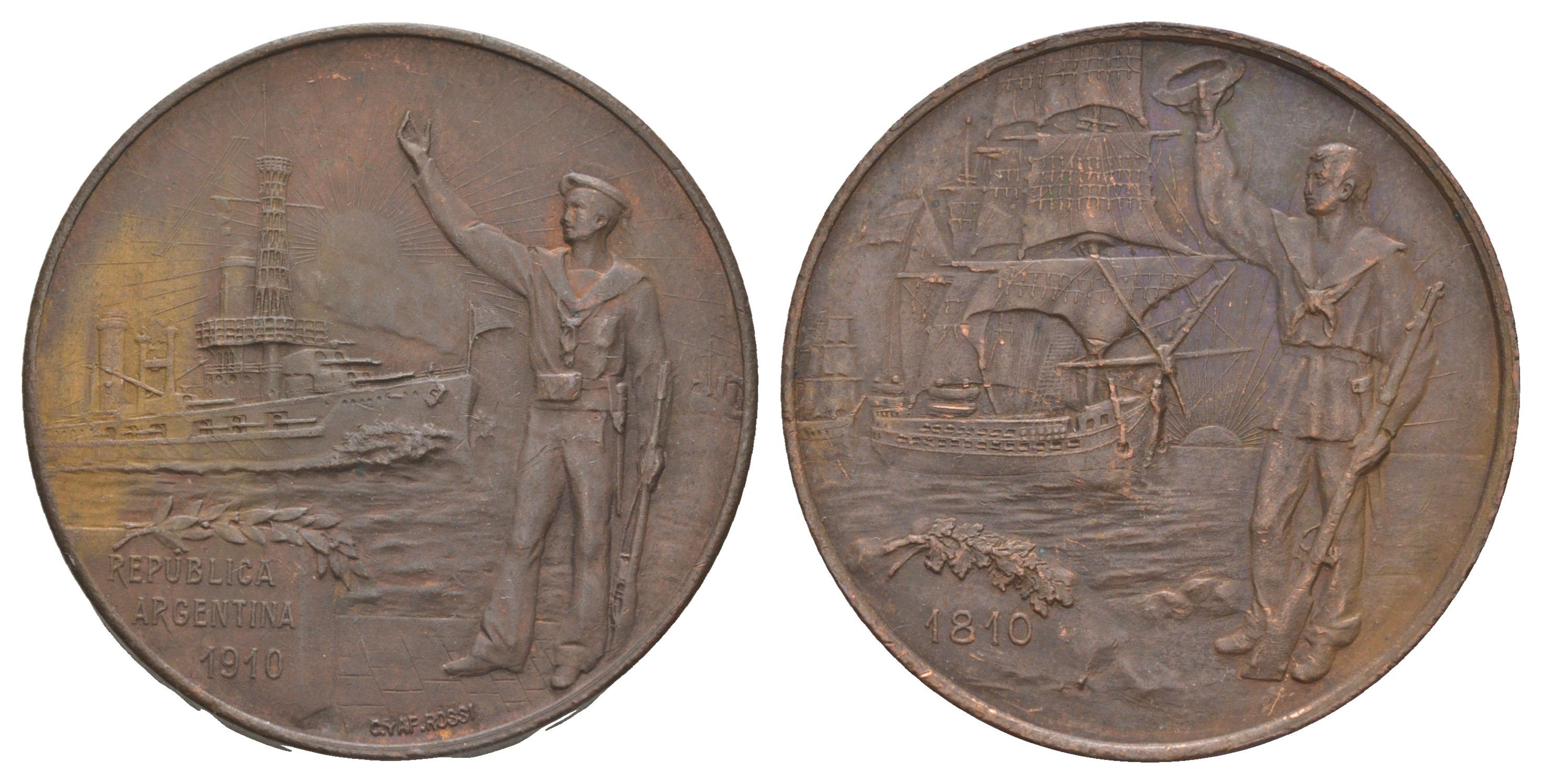 Аргентина медаль "100-летие Аргентинского флота" 1910 медальер Маркос Константе Росси, диаметр 37 мм, вес 23,4 гр бронза 413-623
