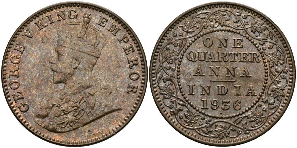 Британская Индия 1/4 анна 1936 Георг V (1910-1936) KM 512 бронза UNC 94-236