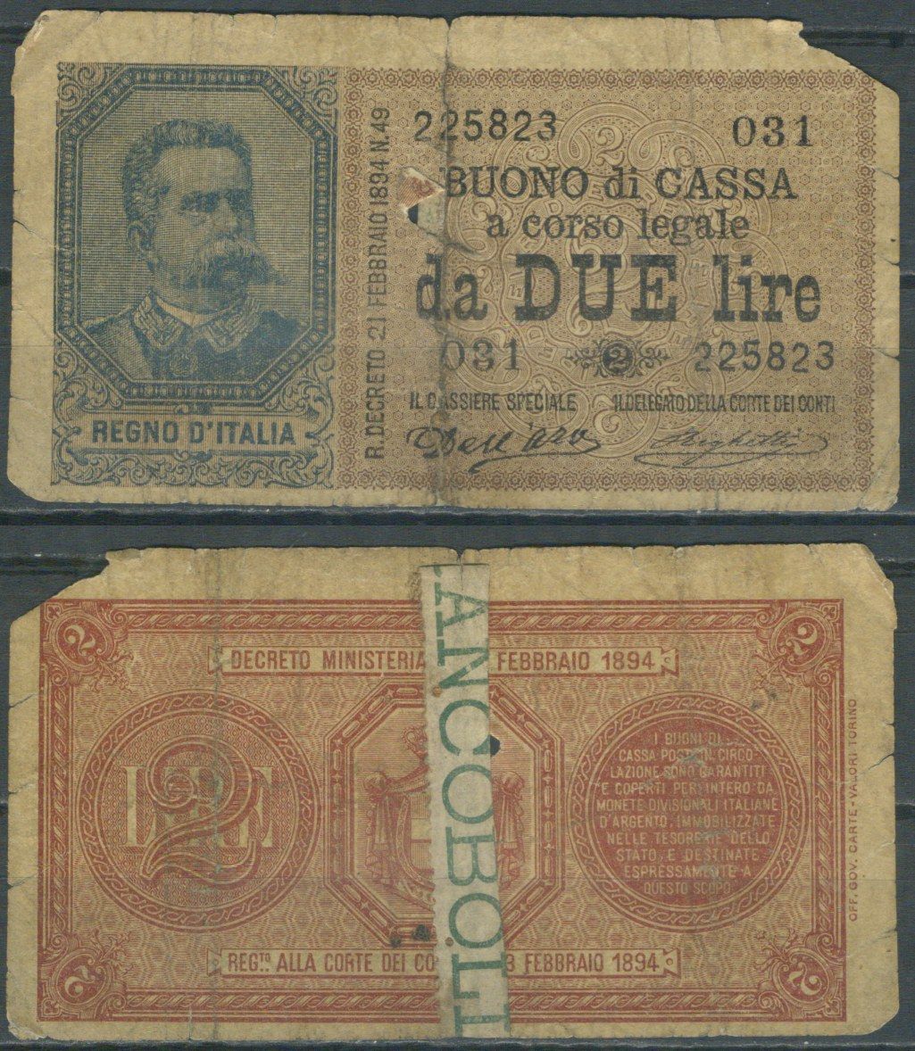 Италия 2 лиры 1894 Pick 35 бумага 451-110-2