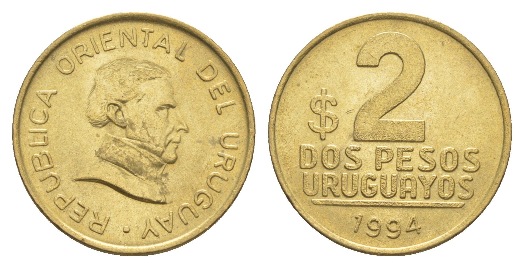 Уругвай 2 песо 1994 KM 104.1 алюминиевая бронза UNC 4649-631