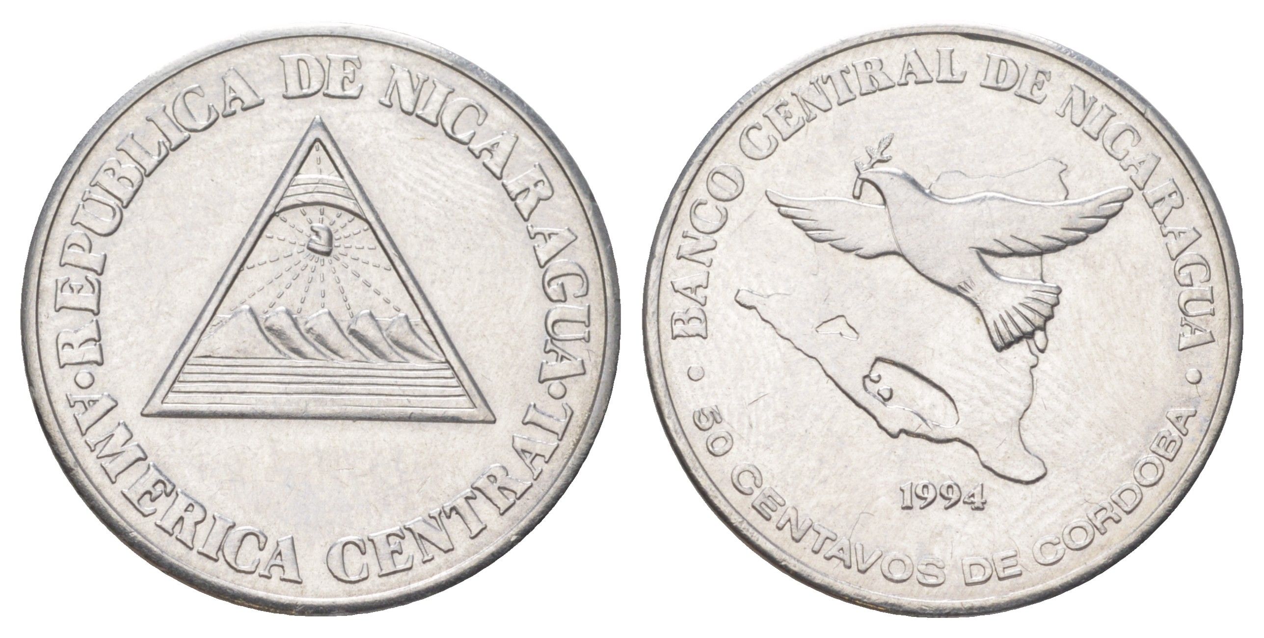 Никарагуа 50 сентаво 1994 голубь мира KM 83 хромированная сталь 4622-1222