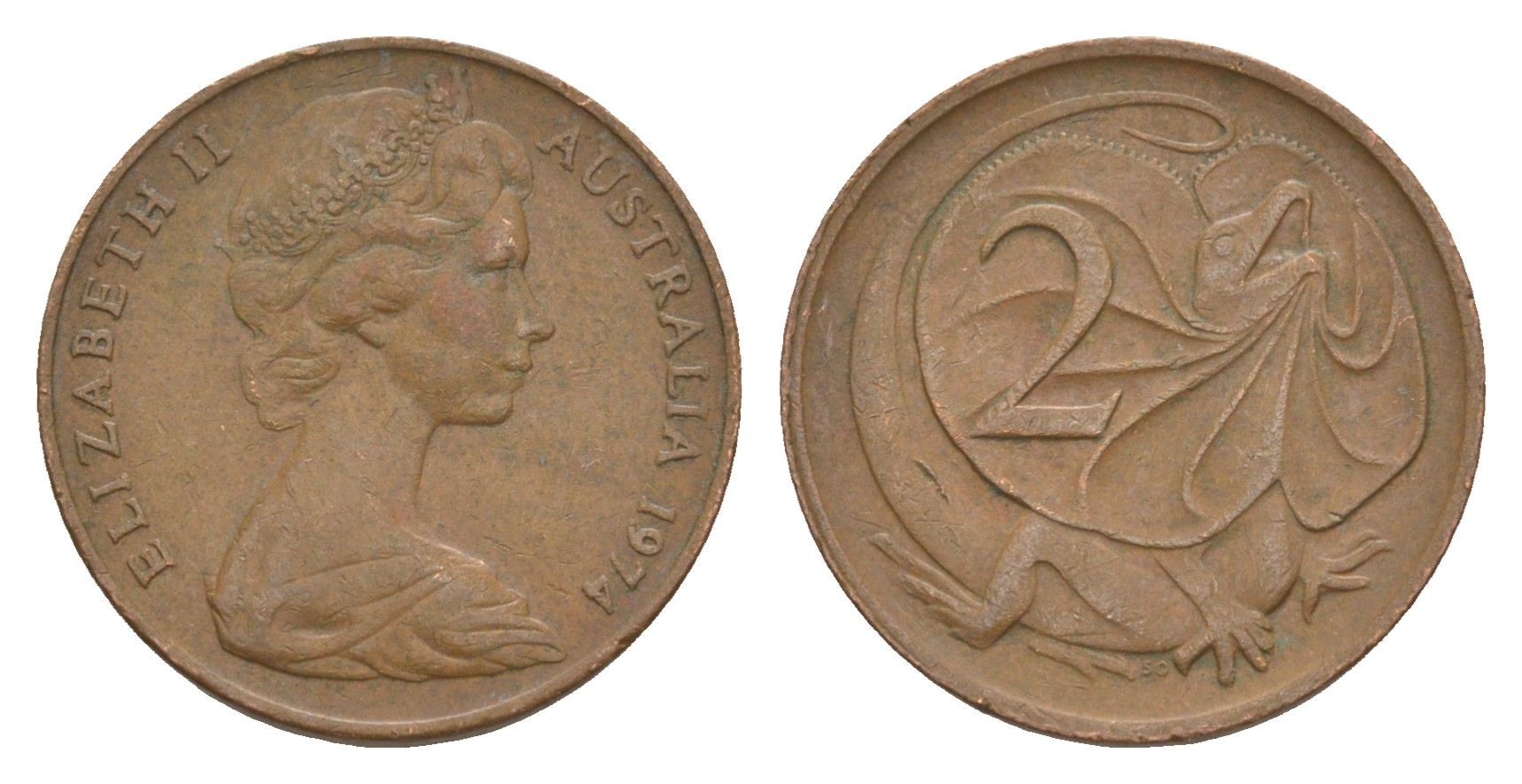 Австралия 2 цента 1974 Елизавета II (1952-2022), плащеносная ящерица KM 63 бронза 4580-955