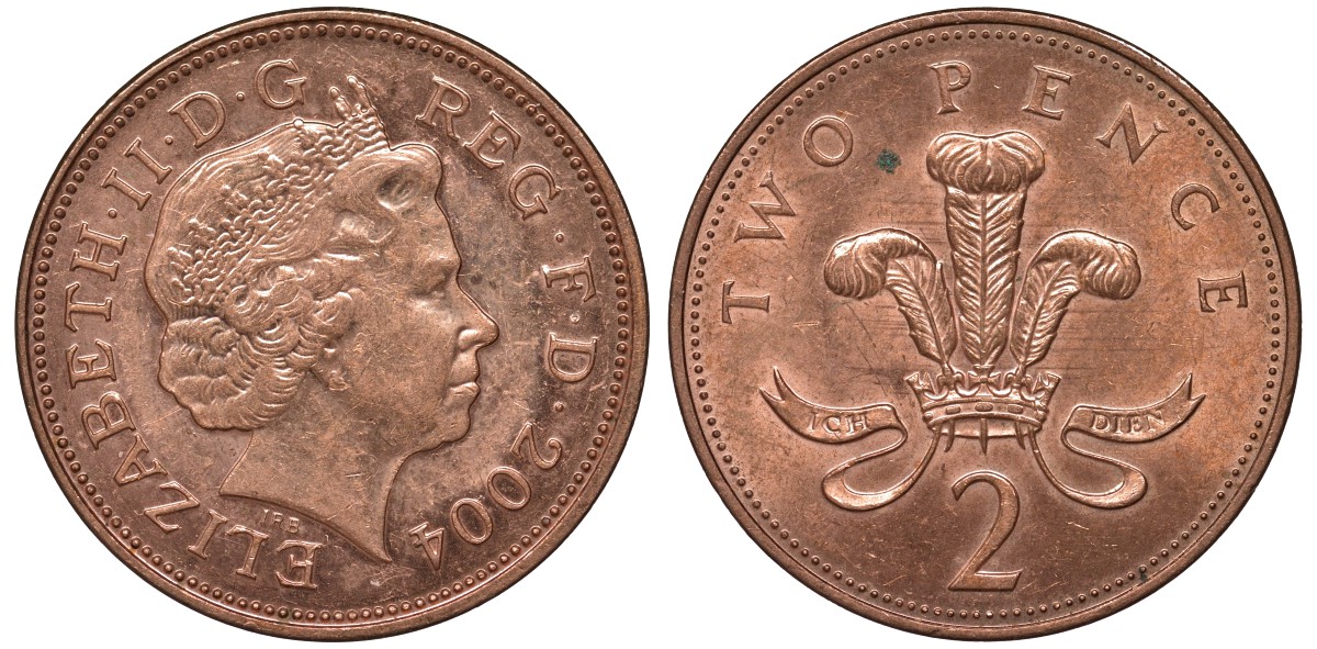 Великобритания 2 пенса 2004 Елизавета II (1952-2022) KM 987, Spink 4690 (C5) сталь плакированная медью UNC 4122-844