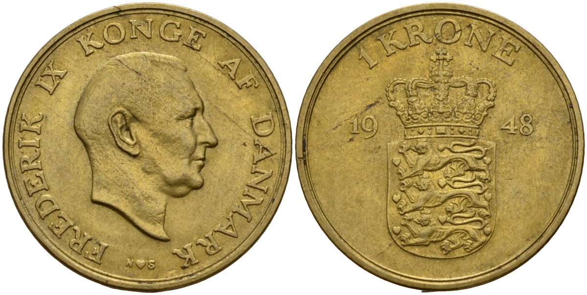Дания 1 крона 1948 N;S, Фредерик IX (1947-1972) KM 837 алюминиевая бронза 4187-911