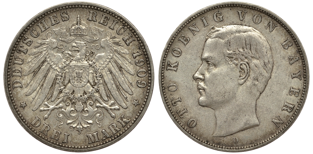 Бавария 3 марки 1909 Отто (1886-1913) Weege 45, J. 47, KM 515 серебро 413-2313