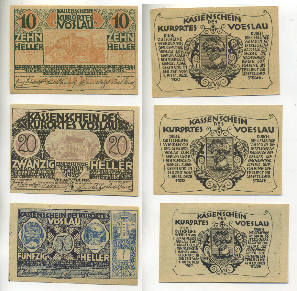 АВСТРИЯ НАБОР ИЗ 3 БАНКНОТ 1920 28 МАЯ 1920-1 ИЮЛЯ 1920, НОТГЕЛЬД, 10, 20, 50 ГЕЛЛЕРОВ, VOSLAU бумага aUNC 6280-60-1