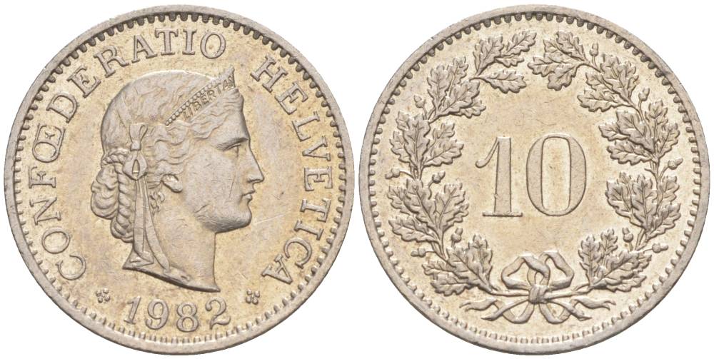 Швейцария 10 раппенов 1982 KM 27 медно-никель 55-516