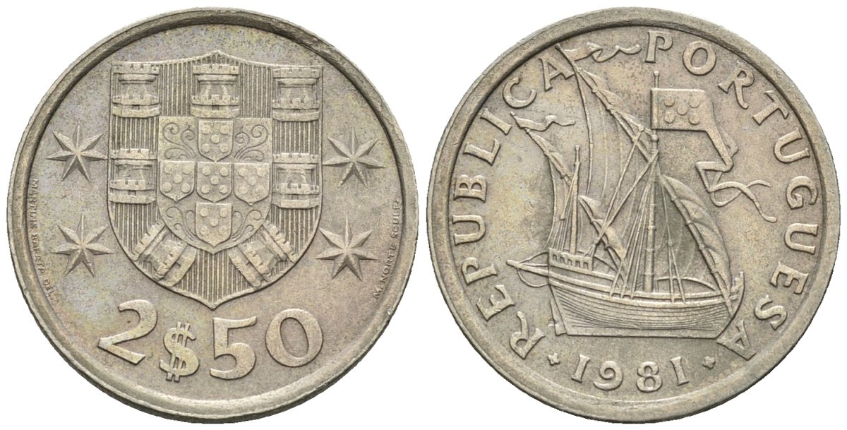 Португалия 2,5 эскудо 1981 парусник KM 590 медно-никель 4147-643