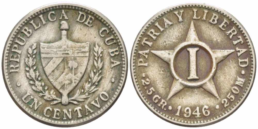 Куба 1 сентаво 1946 звезда, первая Республика (1902-1961) KM 9.2 медно-никель 105-462