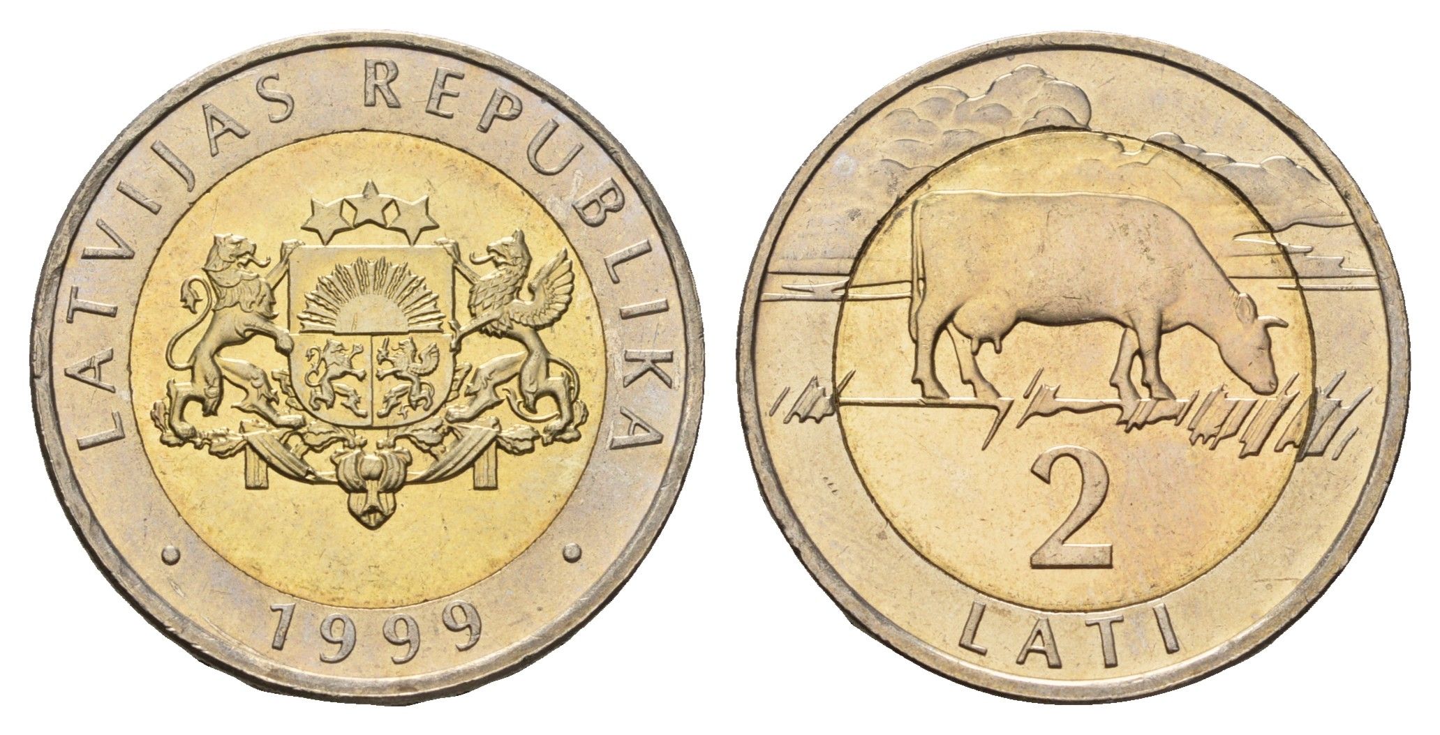 Латвия 2 лата 1999 корова KM 38 биметалл UNC 4652-833