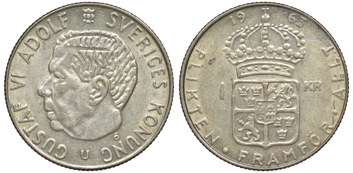 Швеция 1 крона 1963 U, Густав VI Адольф (1950-1973) KM 826 серебро 4178-454