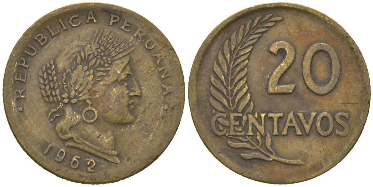 Перу 20 сентаво 1962 KM 221b латунь 4619-611