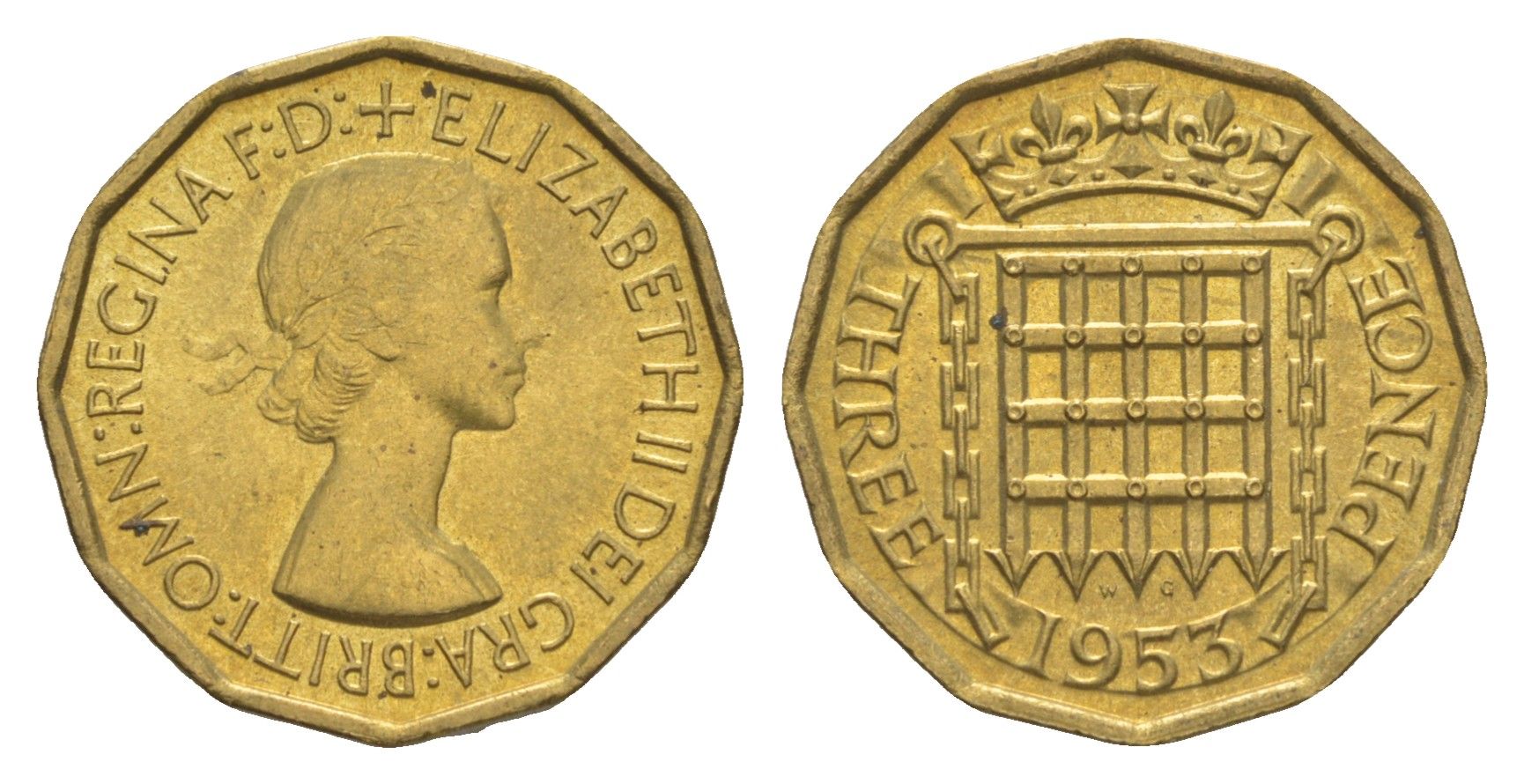 Великобритания 3 пенса 1953 Елизавета II (1952-2022) KM 886, Spink 4152 никель латунь UNC 73-1212