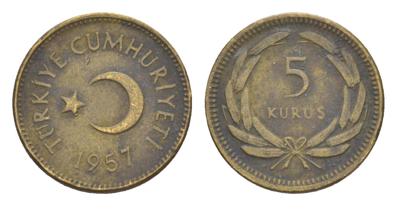 Турция 5 курушей 1957 редкий год, тираж - 3.320.000 экземпляров KM 887 латунь 4647-517