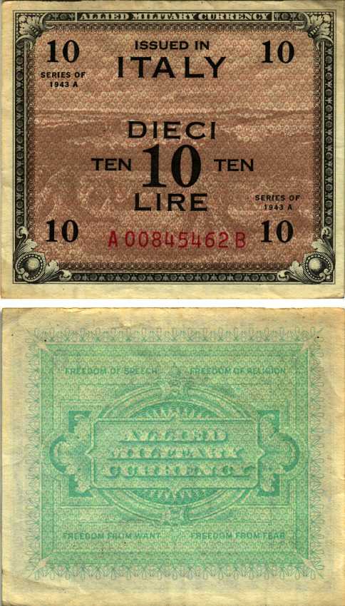 Италия 10 лир 1943 серия 1943 А, второй выпуск серия А-в, военная валюта союзников Pick M19b бумага 7183-15-2-2