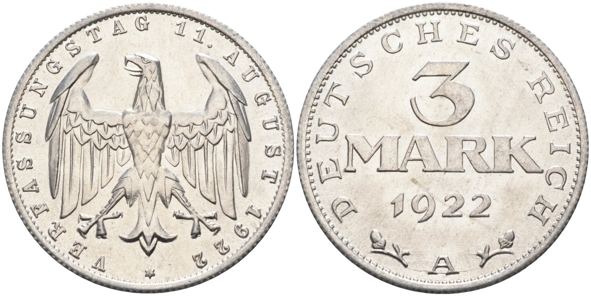 Германия 3 марки 1922 A, третья годовщина Веймарской Конституции KM 29, J.303 алюминий UNC 4587-314