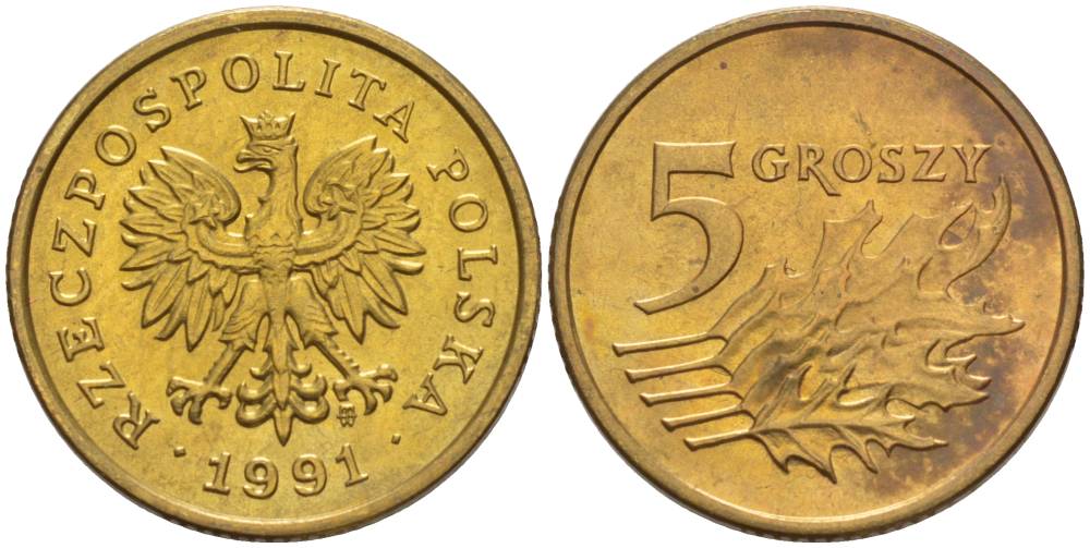 ПОЛЬША 5 ГРОШЕЙ 1991 MW KM 278 латунь 4528-826