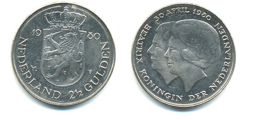 Нидерланды 2 1/2 гульдена 1980 коронация Беатрикс, 30 апреля 1980 KM 201 никель 84-1234