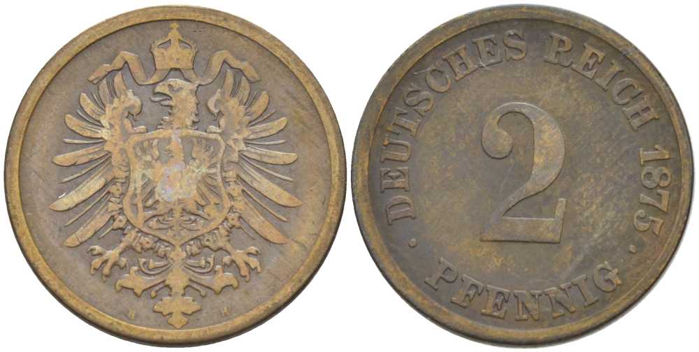 ГЕРМАНИЯ 2 ПФЕННИГА 1875 H, СТАРОГЕРБОВКА KM 2, J. 2, Weege 3 медь 212-522