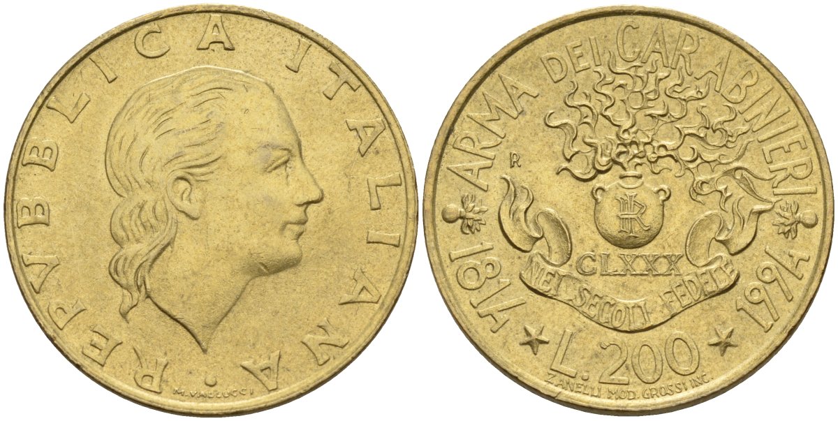 Италия 200 лир 1994 R, 180 лет карабинерам KM 164 алюминиевая бронза 4141-113