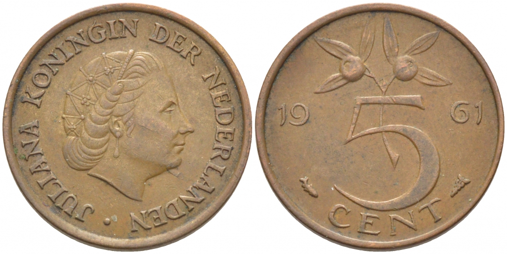 НИДЕРЛАНДЫ 5 ЦЕНТОВ 1961 ЮЛИАНА KM 181 бронза 3856-1232