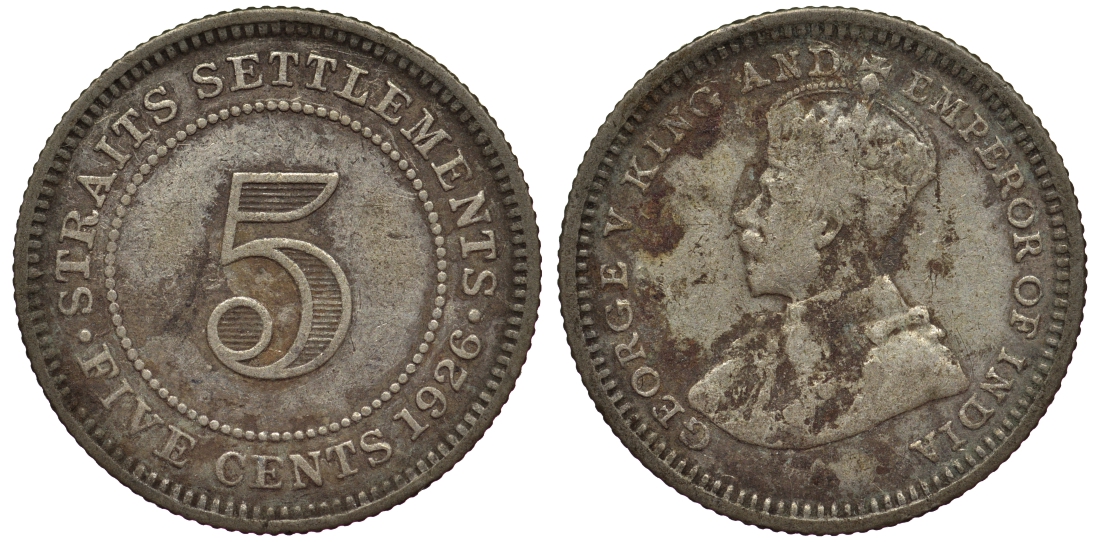Стрейтс-Сетлментс 5 центов 1926 Георг V (1910-1936) КМ 36 серебро 53-525