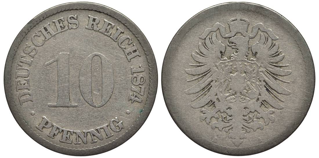 ГЕРМАНИЯ 10 ПФЕННИГОВ 1874 A, СТАРОГЕРБОВКА KM 4, Jager 4, Weege 7 медно-никель 4546-1111