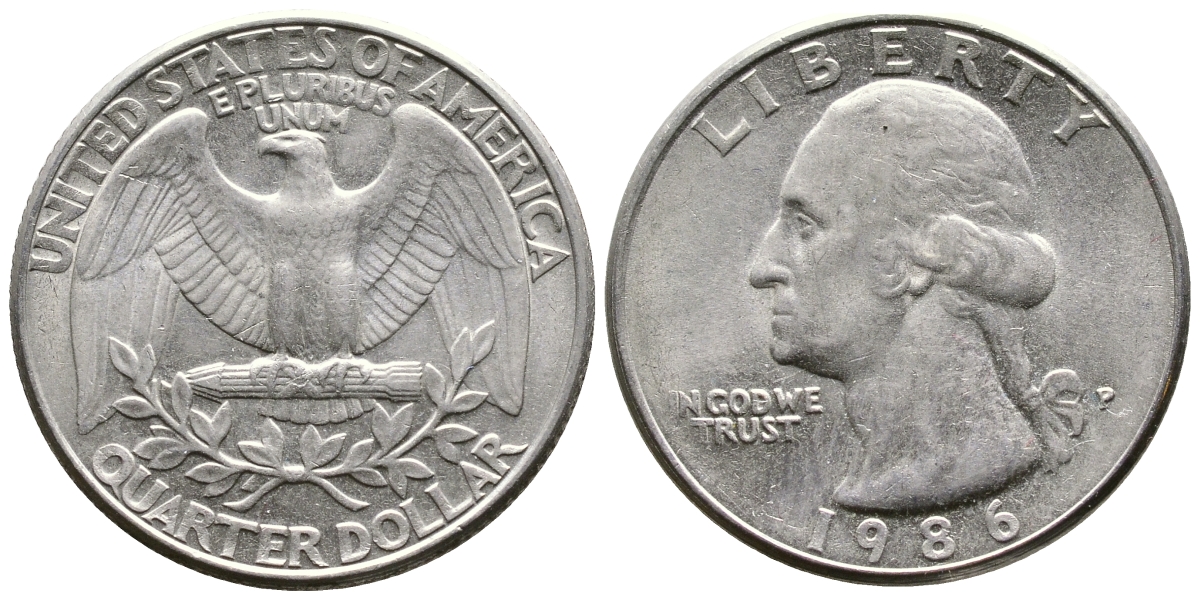 США 25 ЦЕНТОВ = КВОТЕР 1986 P, ВАШИНГТОН KM А164а медь плакированная медно-никелем 23-232