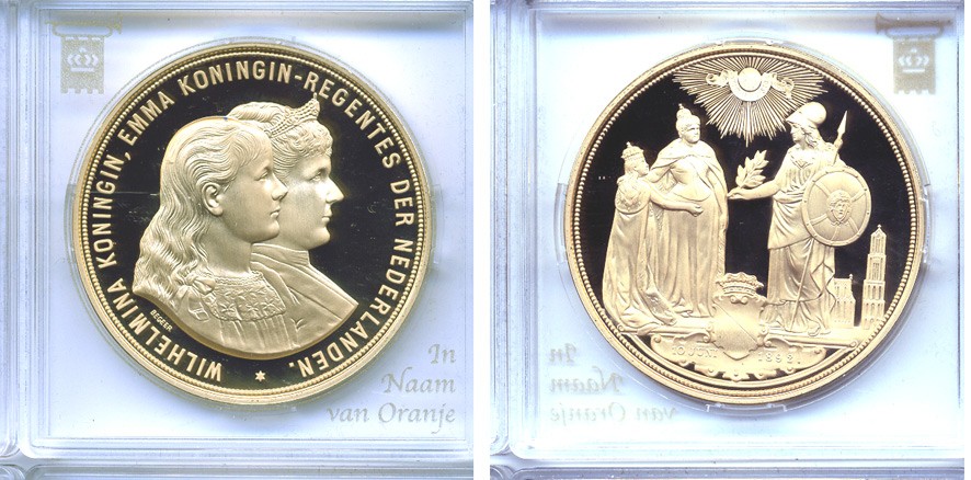 НИДЕРЛАНДЫ МЕДАЛЬ ND 10 ИЮНЯ 1892 ВСТУПЛЕНИЕ НА ПРЕСТОЛ ВИЛЬГЕЛЬМИНЫ ПРИ РЕГЕНТСТВЕ МАТЕРИ КОРОЛЕВЫ ЭММЫ бронза, позолота PROOF 5-3-1-91