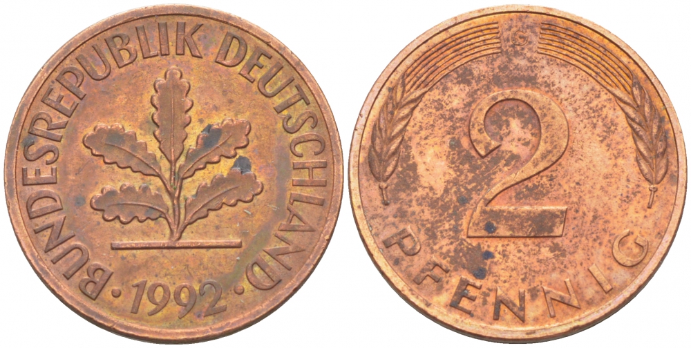 ФРГ 2 ПФЕННИГА 1992 G KM 106a, J.381a сталь плакированная сталь плакированная медьюю 4396-1623
