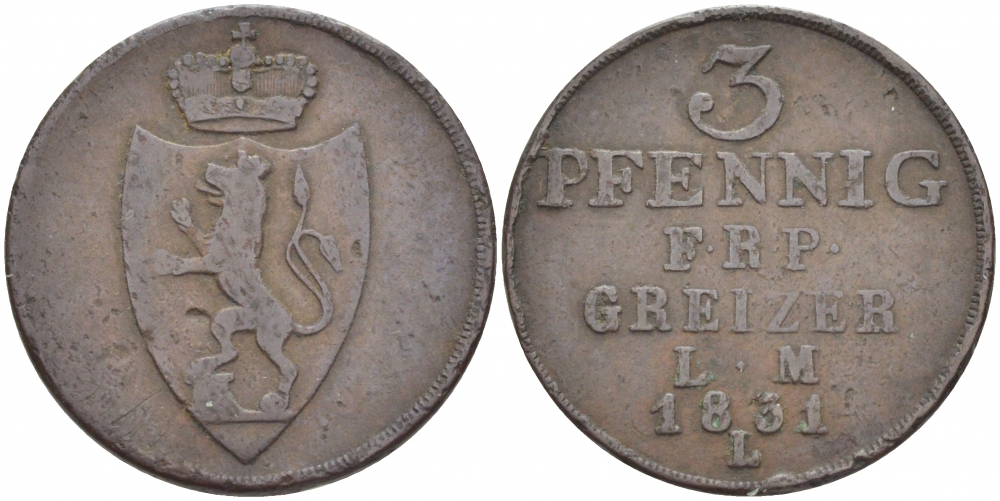 Рейсс-Оберграйц 3 пфеннига 1831 L KM 103 медь 00-00