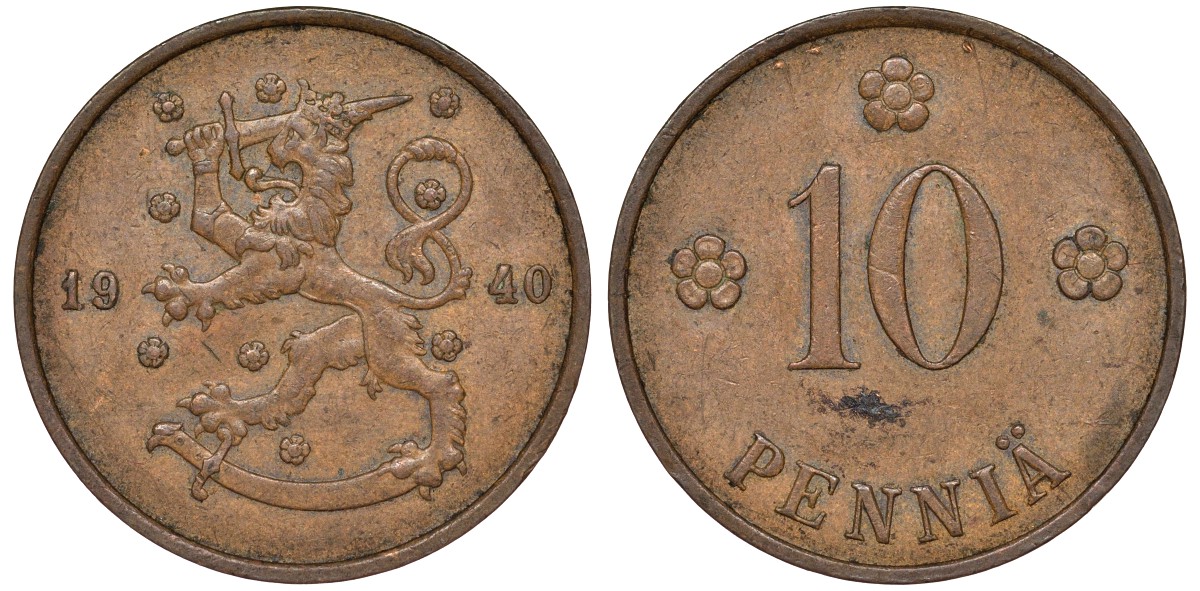 Финляндия 10 пенни 1940 республика (1918-1962) KM 24 медь 51-3236