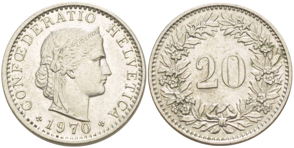 Швейцария 20 раппенов 1970 KM 29а медно-никель 4544-322