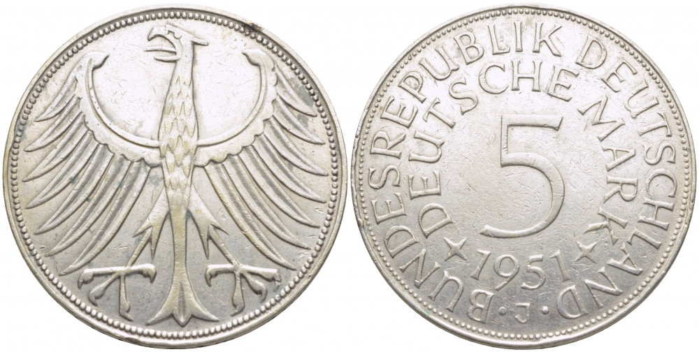 ФРГ 5 марок 1951 J (Гамбург), J. 387, KM 112.1 серебро 111-736