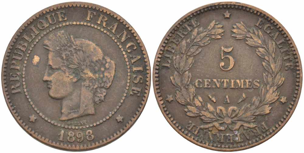 ФРАНЦИЯ 5 САНТИМОВ 1898 А, ТРЕТЬЯ РЕСПУБЛИКА (1871-1940) KM 821.1, LE FRANC 118.42 бронза 108-657