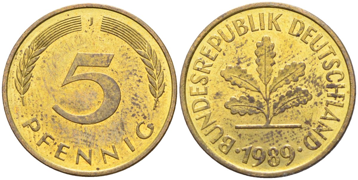 ФРГ 5 пфеннигов 1989 J KM 107, J.382 сталь плакированная латунью 4174-753