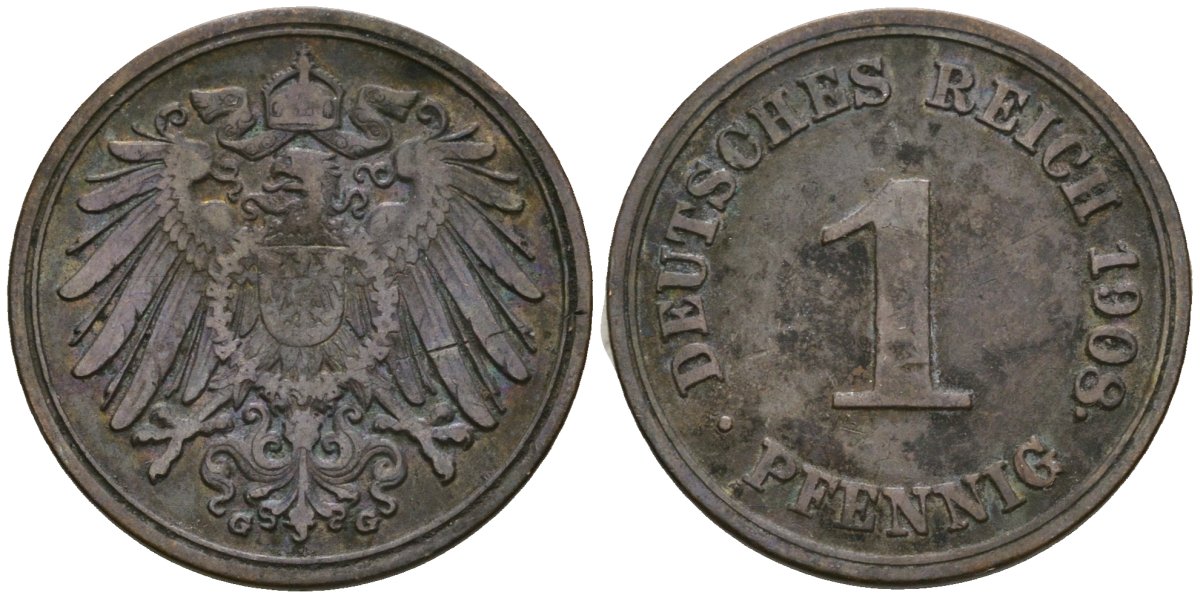 Германия 1 пфенниг 1908 G, Вильгельм II (1888-1918) KM 10, J. 10 медь 4608-239