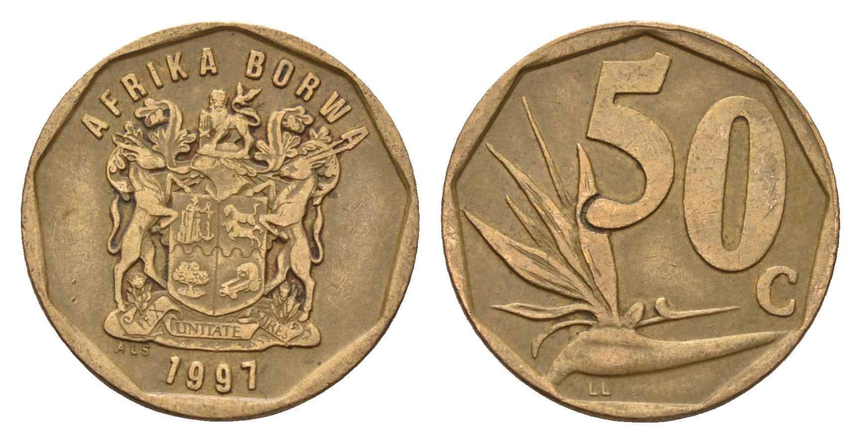 ЮАР 50 центов 1997 Зантедеския Эллиота (калла), герб KM 163 сталь плакированная бронзой 4687-733