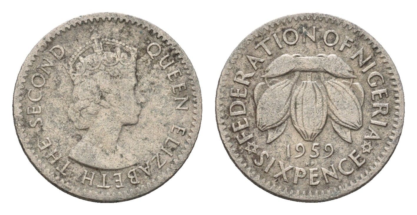 Нигерия 6 пенсов 1959 год-тип KM 4 медно-никель 4674-832