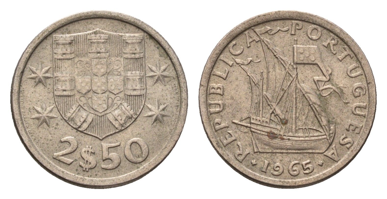 Португалия 2,5 эскудо 1965 парусник KM 590 медно-никель 4611-731