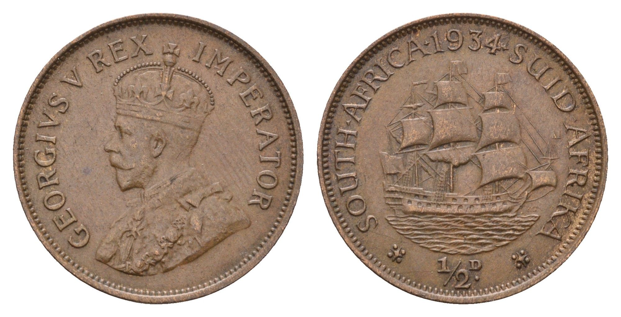ЮАР 1/2 пенни 1934 Георг V (1910-1936) KM 13.3 бронза 4678-221