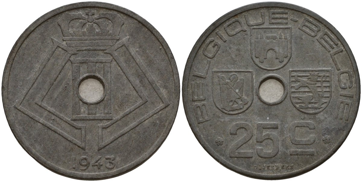Бельгия 25 сантимов 1943 Belgique - Belgie, Леопольд III (1934-1947), германская оккупация, Вторая мировая война KM 131 цинк 4157-513