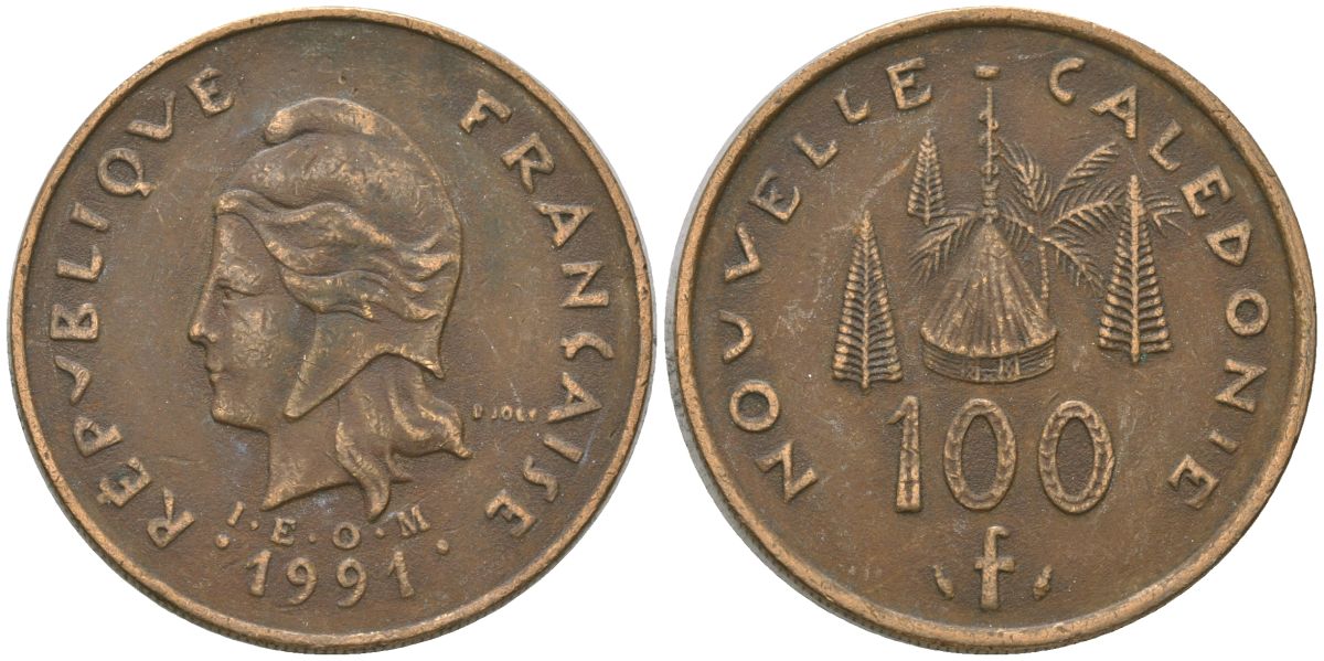 Французская Новая Каледония 100 франков 1991 хижина среди сосен и пальм, (IEOM) KM 15, Schoen 16, Lec 136 никель латунь 4140-114